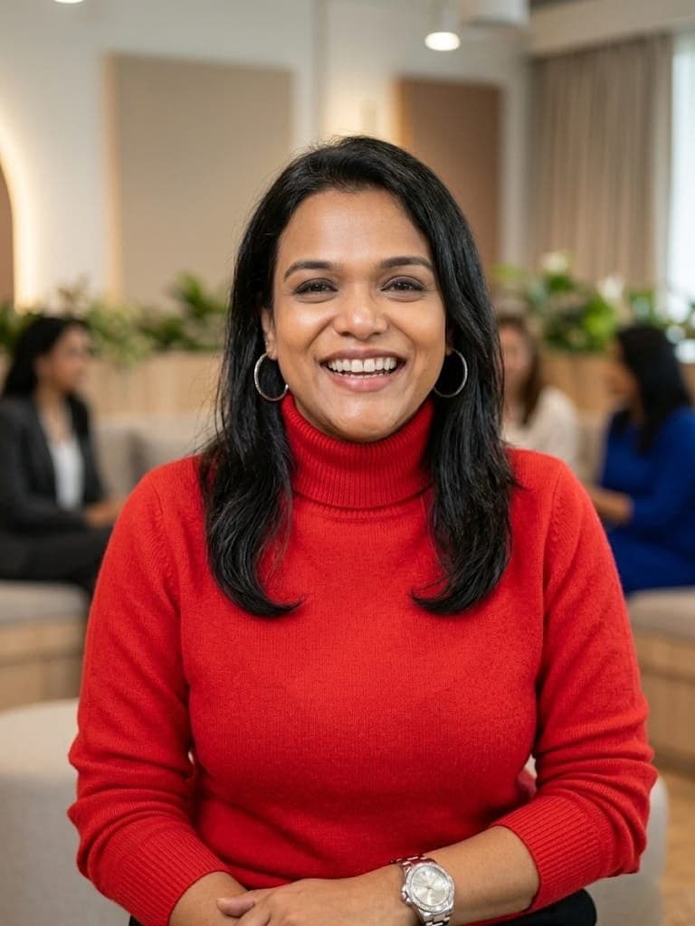 Devaki, founder of Own The Room, smiling in a red sweater